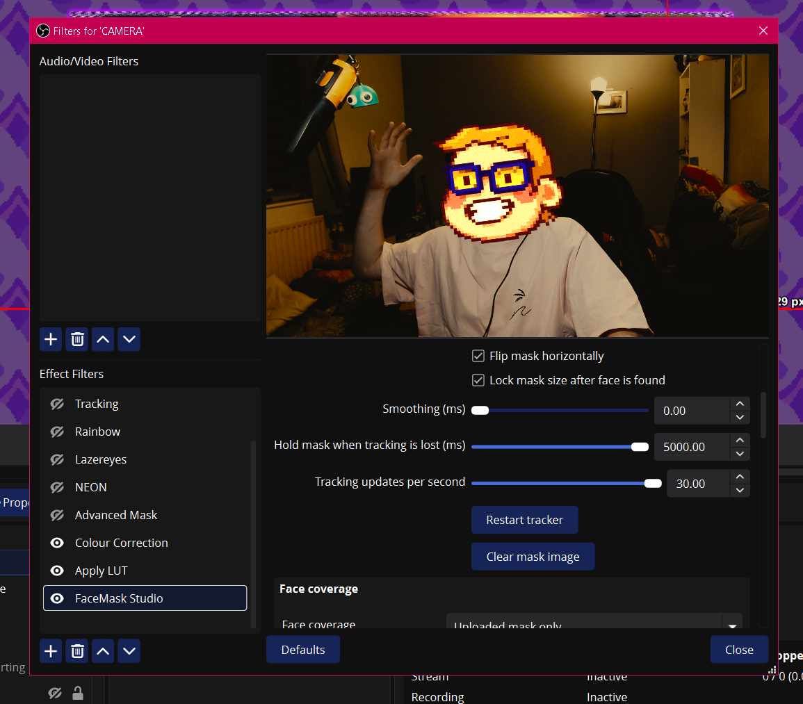 Face tracking controls and mask lock settings.