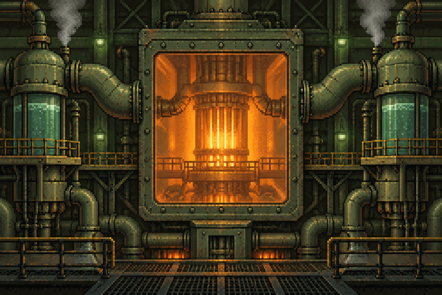 Pixel art reactor core glowing behind glass, surrounded by pipes and heavy machinery